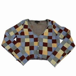 Kendall & Kylie XS Women's Cardigan Pastel Checkerboard Sleaze Soft Girl Cropped